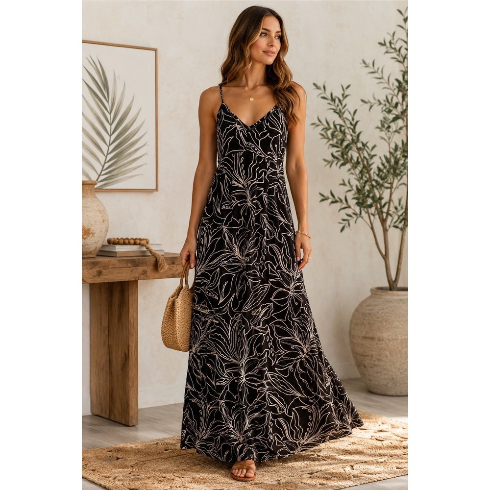 Bila 77 Anthropologie Maxi Dress L Black White Ladder Trim Stretch Adj Straps